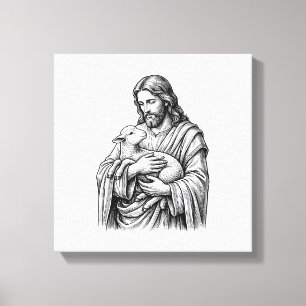 Vintage Engraving Shepherd Holding Lamb Vector Des Canvas Print