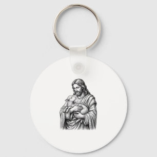 Vintage Engraving Shepherd Holding Lamb Vector Des Keychain