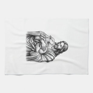 Vintage Engraving Shepherd Holding Lamb Vector Des Kitchen Towel