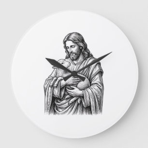 Vintage Engraving Shepherd Holding Lamb Vector Des Large Clock