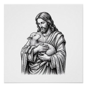 Vintage Engraving Shepherd Holding Lamb Vector Des Poster