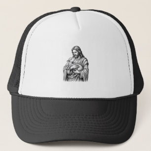 Vintage Engraving Shepherd Holding Lamb Vector Des Trucker Hat