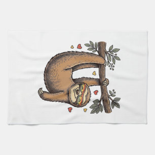 Vintage Engraving Sloth Heart Rainbow Shirt Design Kitchen Towel