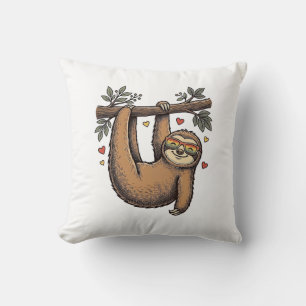 Vintage Engraving Sloth Heart Rainbow Shirt Design Throw Pillow