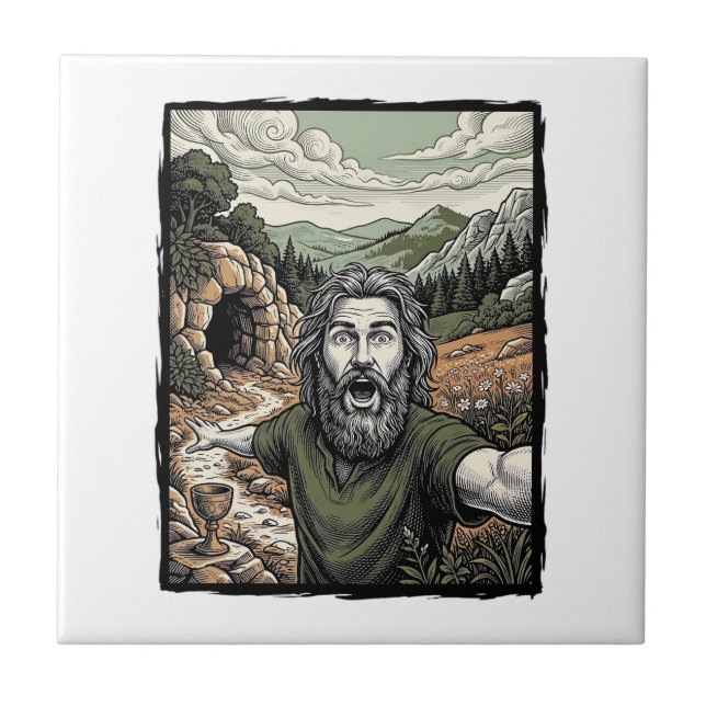 Vintage Engraving Surprised Bearded Portrait Desig Tile (Front)