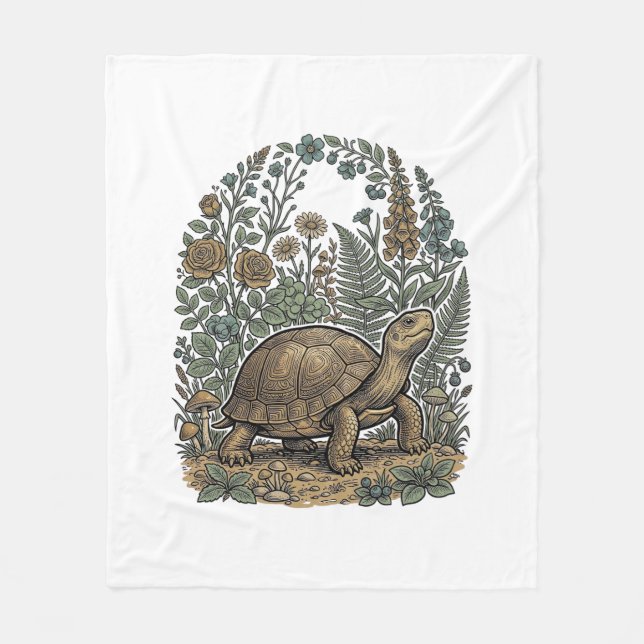Vintage Engraving Turtle Botanical Garden Fleece Blanket (Front)