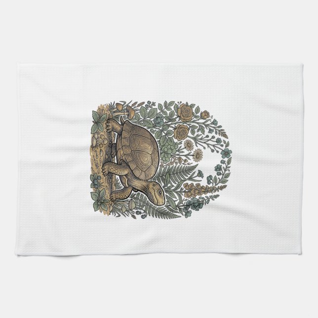 Vintage Engraving Turtle Botanical Garden Kitchen Towel (Horizontal)