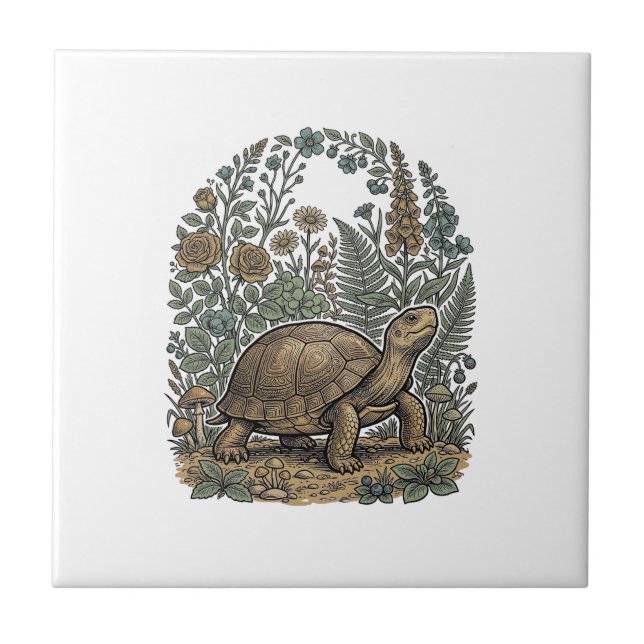 Vintage Engraving Turtle Botanical Garden Tile (Front)