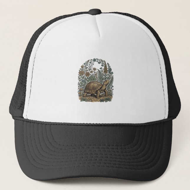 Vintage Engraving Turtle Botanical Garden Trucker Hat (Front)