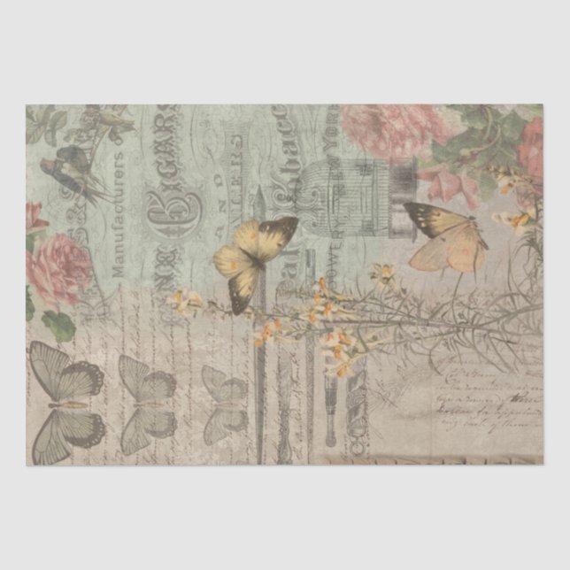 Vintage Ephemera & Butterflies Shabby Chic Tissue Paper (Front)