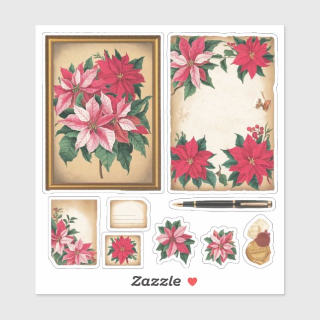 Vintage Ephemera Christmas Poinsettia Stickers (Sheet)