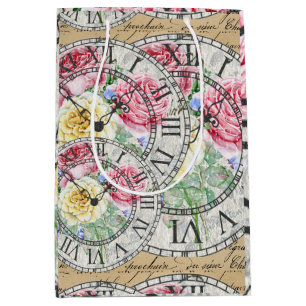 Vintage ephemera clocks botanical roses medium gift bag