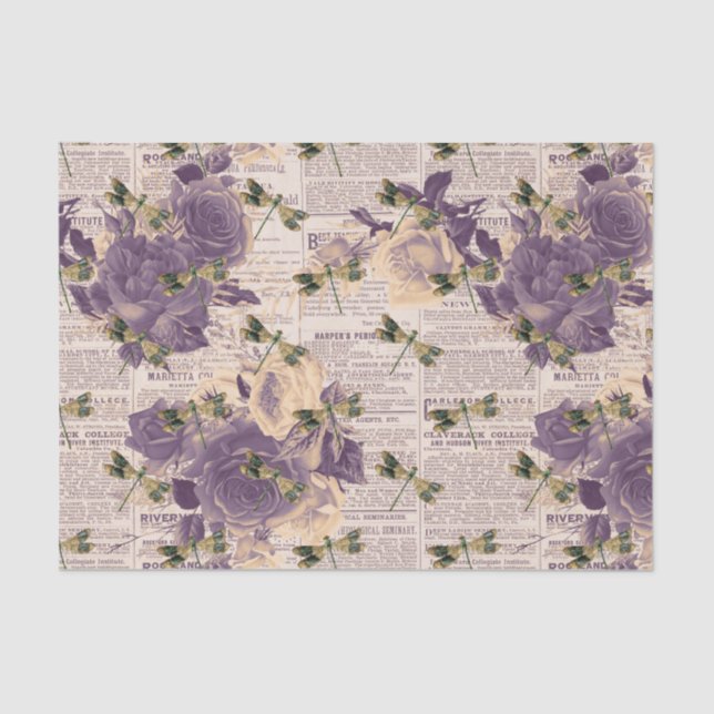 Vintage Ephemera Floral Dragonfly Tissue Paper (Front)