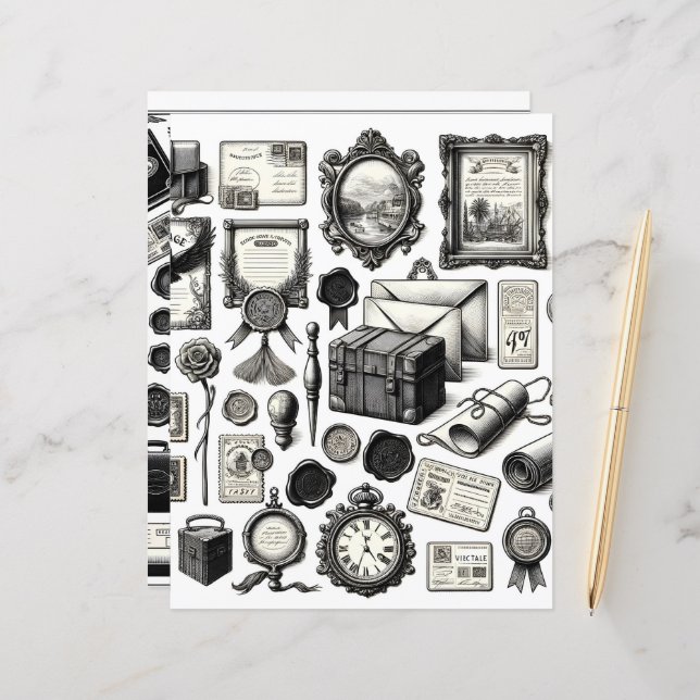 Vintage Ephemera Line Art Cut and Collage Paper (Front/Back In Situ)