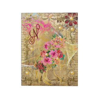 Vintage Ephemera Pink Floral Gold Pearls Monogram  Notepad