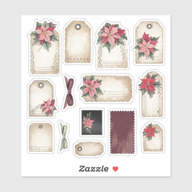 Vintage Ephemera Poinsettia Festive Sticker Sheet (Sheet)