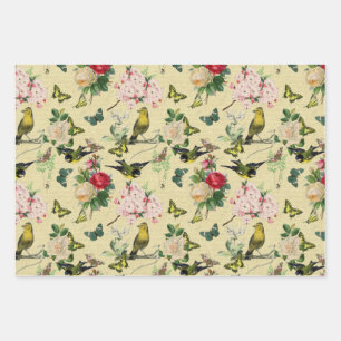 Vintage Ephemera Roses Butterflies & Birds Pattern Wrapping Paper Sheet