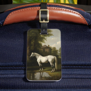 Vintage Equestrian White Hunter Horse Painting Luggage Tag