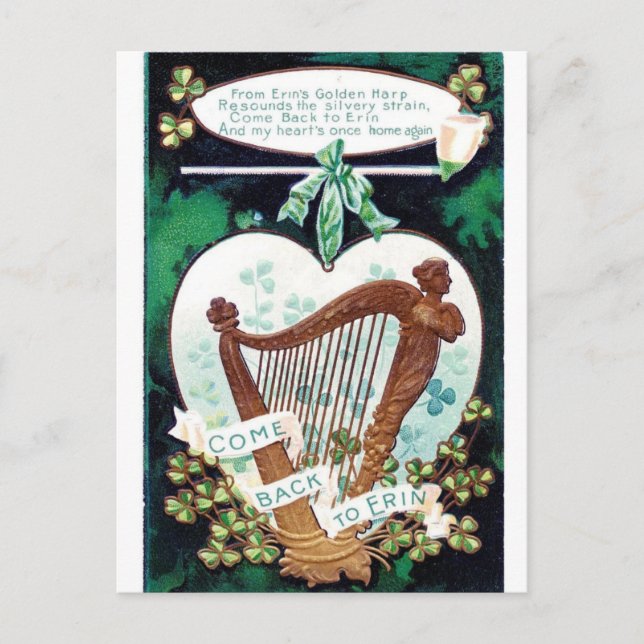 Vintage Erin's Golden Harp St Patricks Day Postcard (Front)