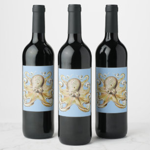Vintage Ernst Haeckel Octopus Nautical Sea Life Wine Label