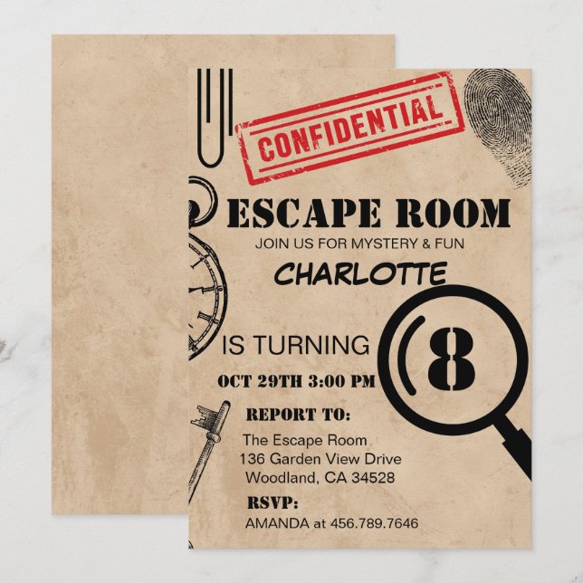 Vintage Escape Room Mystery Birthday Party Invitation (Front/Back)