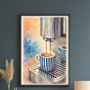 Vintage Espresso Coffee Art Print – Blue Striped