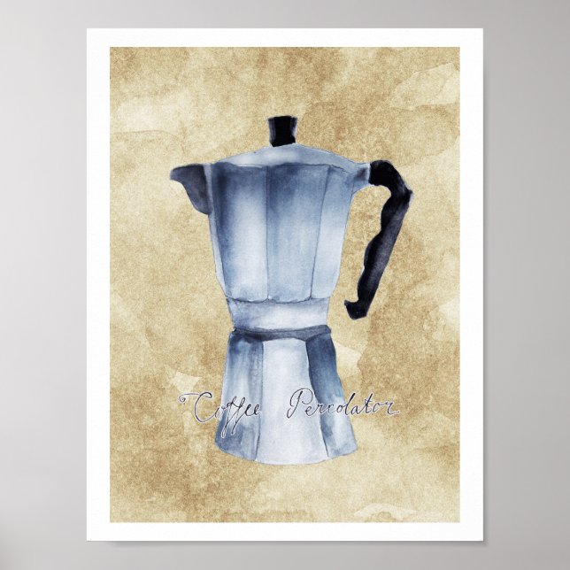 Vintage Espresso Coffee Moka Pot Watercolor Art Poster (Front)