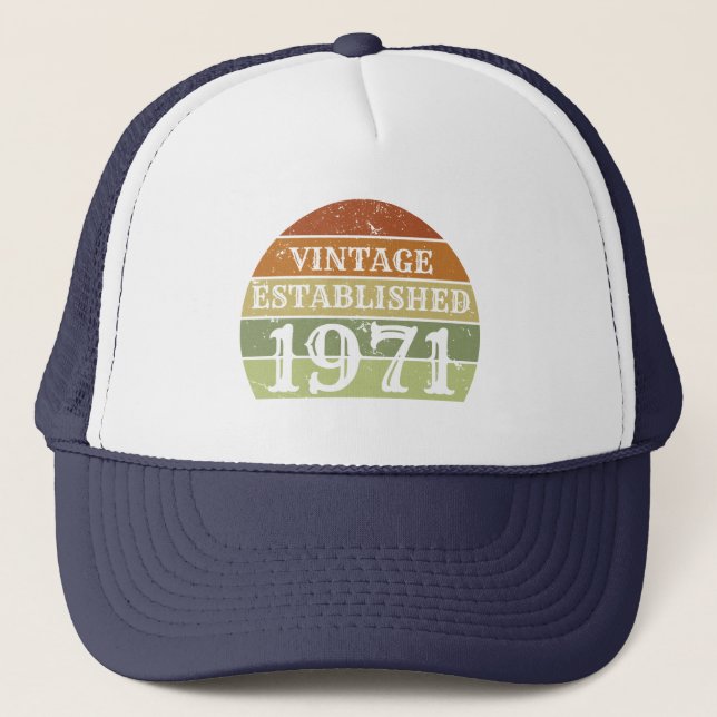  Vintage Established Men Women Distressed  Sunset Trucker Hat (Front)