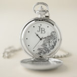 Vintage Etched Leaves and Monogram Pocket Watch<br><div class="desc">Layers of engraved woodcut style vintage leaves with optional monogram and black dotted hash marks.</div>