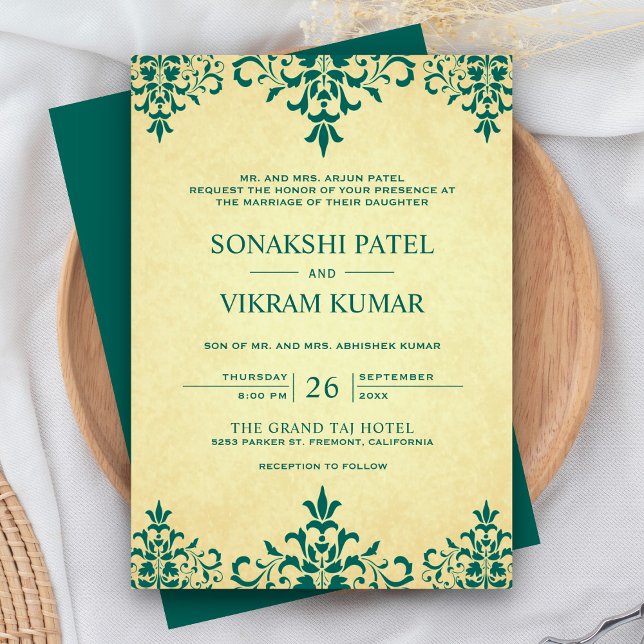 Vintage Ethnic Teal Damask Indian Wedding Invitation (Creator Uploaded)