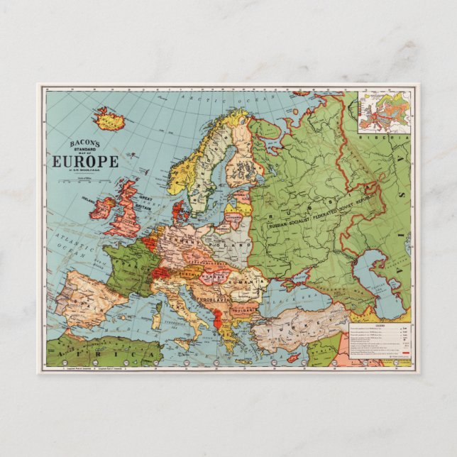 Vintage Europe 20th Century Bacon's Standard Map Postcard (Front)