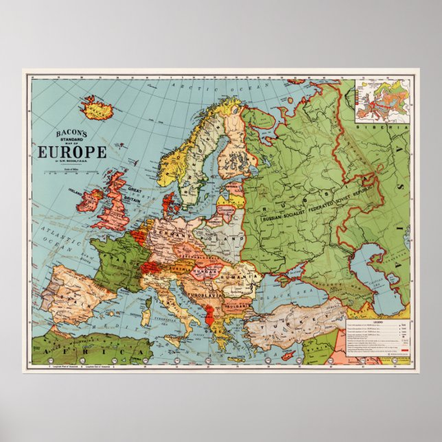 Vintage Europe 20th Century Bacon's Standard Map Poster (Front)