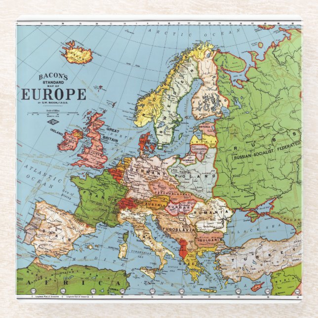 Vintage Europe 20th Century General Map Glass Coaster (Front)