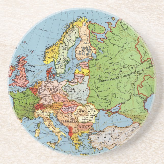 Vintage Europe 20th Century General Map Lithograph Coaster (Front)