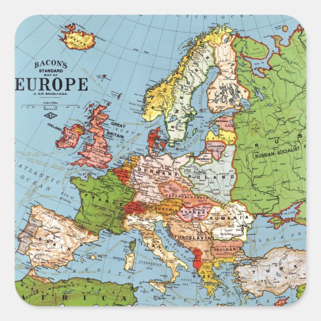 Vintage Europe 20th Century General Map Square Sticker (Front)