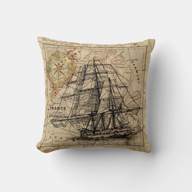 Vintage Europe Old Navigation Nautical Map Throw Pillow (Front)