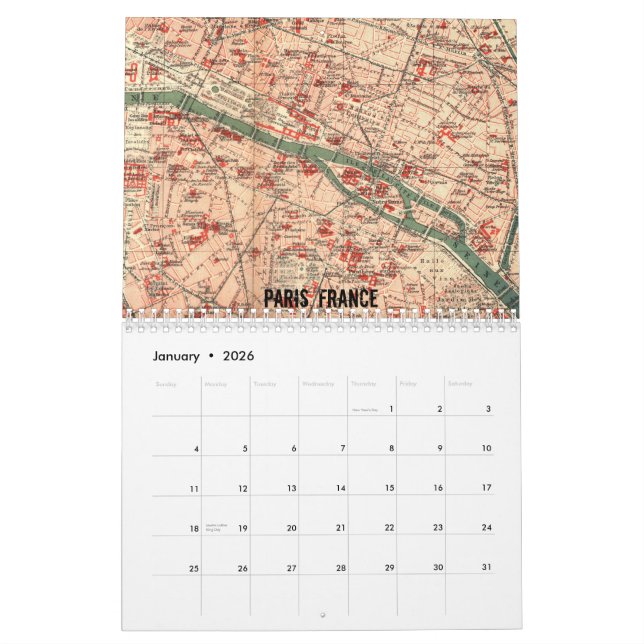 Vintage European City Cartographs Calendar (Jan 2026)