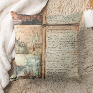 Vintage European Cityscape with Antique Script Art Throw Pillow