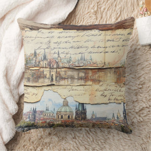 Vintage European Cityscape with Handwritten Letter Throw Pillow