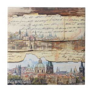 Vintage European Cityscape with Handwritten Letter Tile
