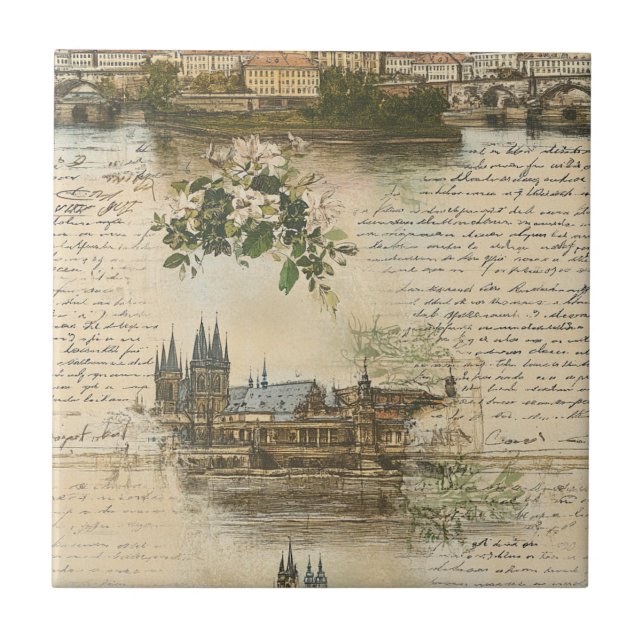 Vintage European River Scene - Handwritten Script Tile (Front)