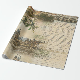 Vintage European River Scene - Handwritten Script Wrapping Paper