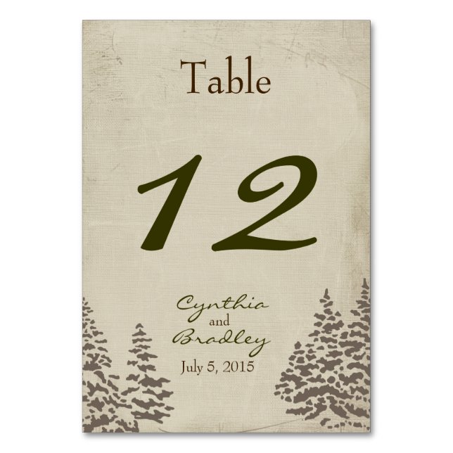 Vintage Evergreen Winter Wedding Table Number (Back)