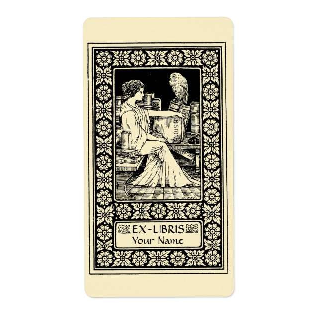 Vintage Ex Libris Girl, Pen, Books & Owl Template (Front)