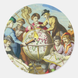 Vintage Explorers with Antique Globe Map, 1542 Classic Round Sticker