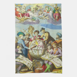 Vintage Explorers with Antique Globe Map, 1542 Kitchen Towel