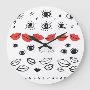 Vintage eyes, red lips pattern. large clock