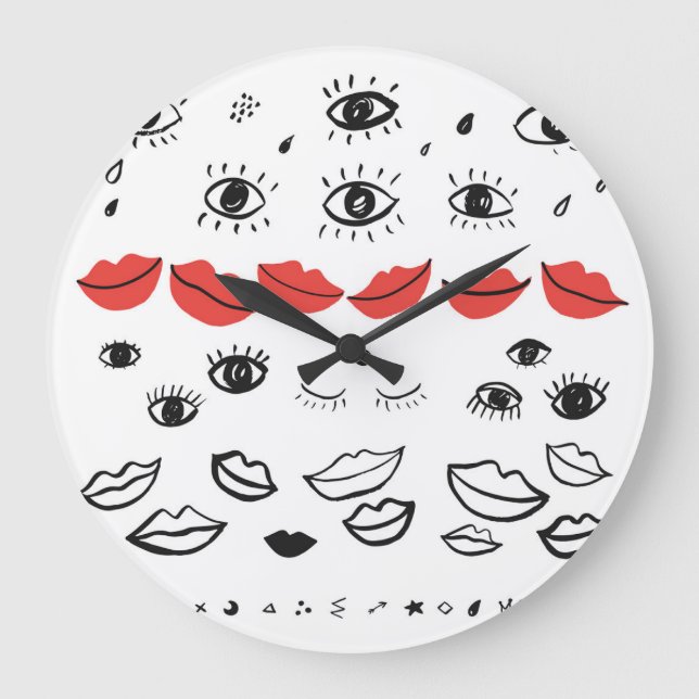 Vintage eyes, red lips pattern. large clock (Front)