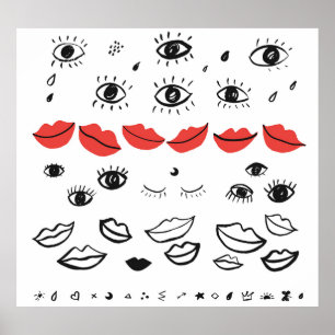 Vintage eyes, red lips pattern. poster