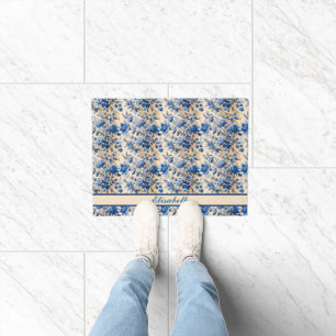 Vintage Fabric France Blue Flowers Your Name Doormat